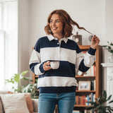 Women Long Sleeve Spring Fall Lapel Collar T-shirts Striped Contrast Color Loose Pullovers Streetwear Tops