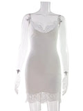 Ahagaga Sexy Women's Mini Dress Straps Patchwork Lace Sheath Sleepwear Sleeveless Nightgown Camisole Basic Female Vestidos Slim