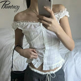 Phantasy Y2K Women Tops White Lace T-Shirt Button Tees Vintage French Style Tops 2025 Spring Summer Tops Female Streetwear