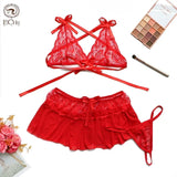 Lace Red 3Pcs Lingerie Set Sexy G-string Dress Exotic Apparel Erotic Underwear Lenceria Transparent Ropa Interior Porno Costumes