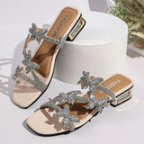 Luxury Crystal Butterfly Sandals for Women Summer Hollow Out Square Heels Sandals Woman Elegant Med Heel Party Shoes Plus Size