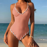 5 Colors V Neck Ribbed Cross Back One Piece Swimsuit Women Swimwear Female High Leg Cut Monokini  Bather Bathing Suit Swim V6278