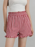 Women's Plaid Shorts Casual Loose Fitting Elastic Waist Shirred Ruffled Trim Short Pants Lounge Shorts