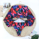 One Piece Swimsuit Sexy Long Sleeve Tropical Print Swimwear Women Bandage Monokini Hollow Out Bathing Suit String Beachwear 2023