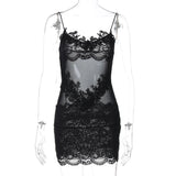 FDYOUI Spaghetti Strap See-through Mesh Dress Women Sleeveless Lace Patchwork Mini Party Dresses White Black Night Club Outfit