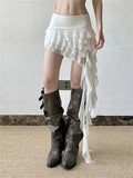 Women's Summer Mini Skirt Long Tassel Design Casual Solid Multi-Layered Ruffles Low Rise Short Skirts