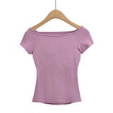 Korean Style Goddess Off-Shoulder Casual Elegant Sexy Hot Girl Top Women Hollow Out Short Sleeved Solid Color T-Shirt Charm 7O4B