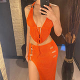 Sexy Halter V Neck Backless Knitted Beach Cover Up Cover-ups Beach Dress Beach Wear Beachwear Two Pieces Set Female Women V6379