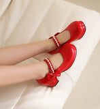 Pearl Beaded High Heels Shoes Ladies Wedding Mary Janes Block Heeled Pumps Woman Hook&Loop Tacones Wedges Escarpins Femme