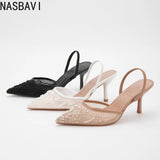 Brand Lace Designer White Women Wedding Pumps Mesh Embroidered Flowers Back Strap Sexy Slingback High Heels Dress Shoes Ladies