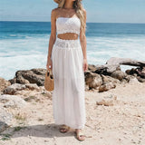 S - XL Bandeau Crochet Knitted 2 Pieces Suits Tunic Beach Cover Up Cover-ups Beach Dress Beach Wear Beachwear Female Women V8218