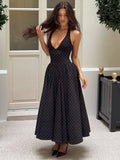FDYOUI Chic Halter Polka Dot Vacation Dresses for Woman 2026 Summer Lace-up Backless High Waist Tunics Ruched A-line Party Dress