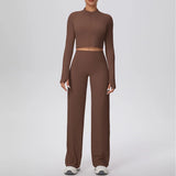 2 Pcs Women's Seamless Yoga Set Long-sleeved Wide-leg Pants Tracksuit Fitness Sports Set High-waisted Hip-lifting Slim-fit Suit