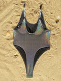 Sexy Glitter Solid Silver Backless Swimsuit One Piece Bikini Thong Swimwear Bodysuits Women Biquini Bathing Suits Tankini