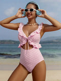 DEKA Girl Light Pink One Piece Swimsuit for Women High Waist Hollow Out Ruffle Suspender Backless Monokini Bikini Beach Swimwear