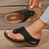 Pink Flower Wedge Heel Flip Flops Women Summer Massage Sole Clip Toe Platform Slippers Woman Light Thick Bottom Beach Sandals