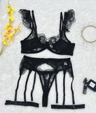 sexy lingerie embroidered see-through mesh bra with underwire four-piece set