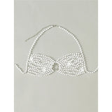 Luxury Pearls Halter Hollow Out See Through Bikini Top Female Swimsuit Women Swimwear Bather Bathing Suit Swim Beach Top V5409