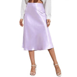 Satin-Like Shiny Skirt Women Midi Skirt High Waist Solid Color Mid-calf Length Skirt Soft Breathable Fabric Work Skirts