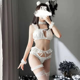 Cat Uniform Sexy Lingerie Costume | Kawaii Ruffle Lace Top with Panty and Garter Set | Cute Exotic Outfit for Women