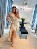 Foridol Women Summer OL Sleeveless Tank Party Dress Deep V Neck Backless Maxi Casual Vestidos De Fiesta Irregular Sexy Dress