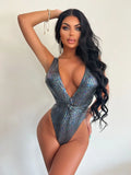 DEKA Deep V One Piece Swimsuit Glitter Sparkling Monokini Women Swimwear Female Long Strap Wrap Around Bather Bathing Suit