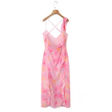 Deep V-neck Strap Dress Sexy Ruffled Long Dress Womens Pink Rose Print Strap Dress Ruffle Sleeveless Summer Beach Dress GO0Y