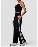 New Contrasting Striped Yoga Sets Women Hanging Neck Slim Sports Vest Gym Outfits High Waist Pocket Pants Running Fitness Suits