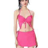 Vacation Beach Ins Rose Red Bikini Three Piece Swimsuit Women's Small Chest Internet Famous Swimsuit Butterfly Sexy Spicy Girl