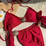 Metal Shell Halter Strappy High Cut Bikini Female Swimsuit Women Swimwear Two-pieces Bikini Set Bather Bathing Suit Swim Lady