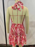 Sexy Red Floral Print Backless Summer Women Boho Mini Dress Bodycon Sleeveless Beach Lace Up Bowknot Dropshipping Dress Sundress