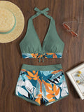 2026 Summer Women's Print Patchwork Swimsuit Sexy Deep V Neck Back Lace-up Swimwear High Waist Shorts Tankini Bathing Suit Beach