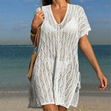 Sexy Short Sleeve Hollow Out Crochet Knitted Tunic Beach Cover Up Cover-ups Beach Dress Beach Wear Beachwear Female Women K6686