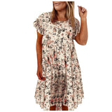 Summer Lady Ruffle Mini A Line Dress Women Casual Floral Print Dresses O Neck Elegant Short Sleeve Midi Dress Vacation Vestidos