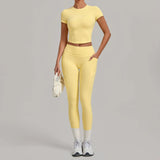 Women Tracksuit Yoga Sets Short Sleeve Slim Sports T Shirts Workout Clothes Outdoor Tight High Waist Pocket Pants Fitness Suits