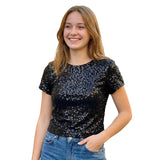 Women's Summer Solid Color Basic T Shirts Stylish Sequin Short Sleeve Round Neck Crop Tops for Casual Daily Wear