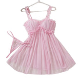 Women Mesh Nightdress Bow Pink Dress With Thong Underwear Valentine Day Gift