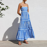 Women's Striped Print Dress Sleeveless Spaghetti Strap Square Neck Tiered Long Dress for Holiday Casual Boho Sundress