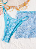 Sexy Shiny Sequin Blue White Bikini Set Women 3D Mesh Flower Cover Up 3 Piece Thong Swimsuit Beach Holiday Bathing Suit Swimwear