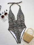 New Black Leopard Print One Piece Swimsuit Women Deep V Neck Slim Backless Bathing Suit Tummy Control Swimwear Monokini 2025