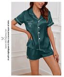 Women's Pajama Lounge Set Summer Heart Embroidered Pocket Patched Short Sleeve Shirt & Shorts Pajamas 2 Piece Set Pyjama Femme