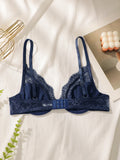 Women's New Product Blue Bra No Steel Ring Lace Lingerie Sexy Breathable Comfortable Solid Color Deep V-Underwear HR2635