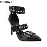 NASBAVI Black Punk Gothic High Heels Sexy Plus Size Pointed Toe Fashion Buckle Rivet Women Pumps Wedding Shoes Stiletto Heels