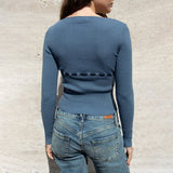Women Spring Fall Slim Ribbed Knitted Tops Solid Color Long Sleeve V-Neck Front Drawstring Lightweight T-shirts