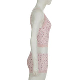 Women Two-pieces Pajamas Set Pink Floral Lace Patchwork Sleepwear Sleeveless Camisoles and Slim Cute Shorts Loungewear