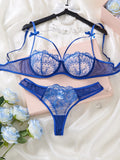Royal Blue Floral Lace Lingerie Set Sheer Mesh Underwire Bra With Bow & Thong Women Sexy Underwear ZA824057