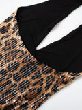 Sexy Halter Neck Off Shoulder Leopard Print Mini Dresses for Women Sleeveless Backless Sequins Skinny Party Night Club Dress