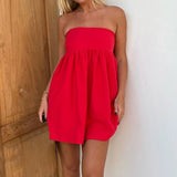 Women Sleeveless Strapless Backless Mini Dresses Summer Solid Color A-line Dress