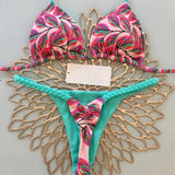 DEKA Sexy Green Floral Print Bikini Set Swimwear Women Braiding Rope Strap Patchwork Bandage Push Up Bathing Suit Thong Swimsuit
