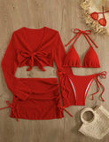 Sexy White Red Swimwear Women 2026 Long Sleeve Cover Up Drawstring Skirt 4 Piece Swimsuit Beach Bathing Suit Holiday Swimsuit
